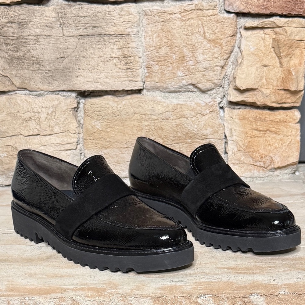 Paul Green Seneca Black Crinkled Patent  Leather Loafers‎ W/Suede Strap Size 7.5